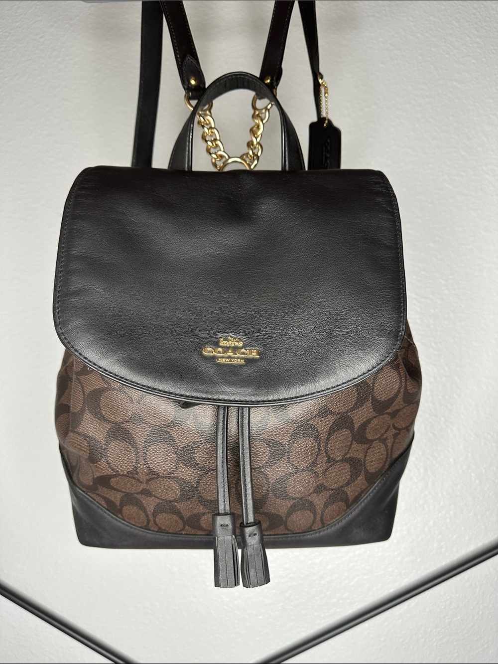 Coach Elle Brown Signature Canvas and Black Leather Backpack with Gold Hardware